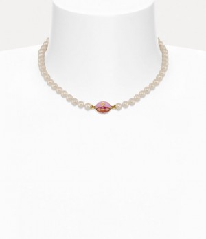 Vivienne Westwood Loelia Necklace Gold / Magenta Enamel / Creamrose Pearl | 790423UMG