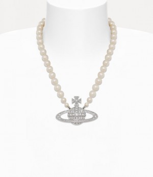 Vivienne Westwood Man Bas Relief Pearl Necklace Platinum / Cream Pearl / Crystal Crystal | 826341CGM