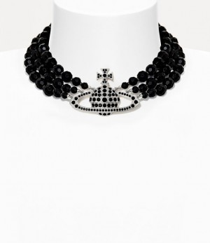 Vivienne Westwood Messaline 3 Row Choker Platinum/Ruthenium/Black Agate Gemstone/Jet | 470913KWL