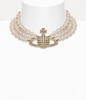 Vivienne Westwood Three Row Pearl Bas Relief Choker Gold/Pearl/Crystal | 652903WFL