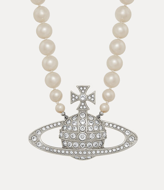 Vivienne Westwood Man Bas Relief Pearl Necklace Platinum / Cream Pearl / Crystal Crystal | 826341CGM