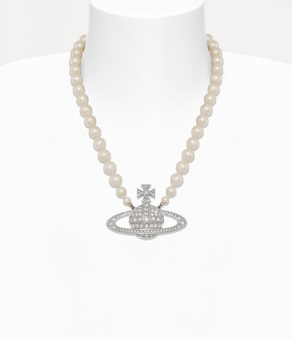 Vivienne Westwood Man Bas Relief Pearl Necklace Platinum / Cream Pearl / Crystal Crystal | 826341CGM