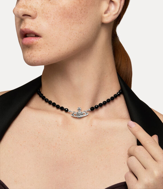 Vivienne Westwood Messaline Choker Platinum / Ruthenium / Black Agate Gemstone / Jet | 138209LNQ