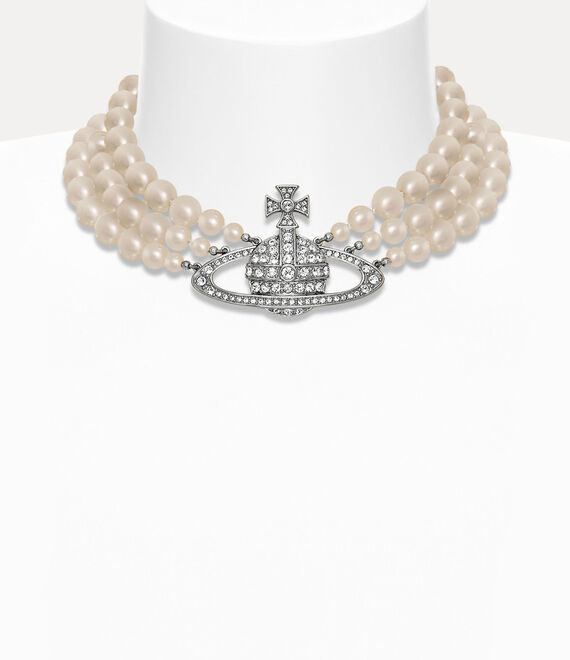 Vivienne Westwood Three Row Pearl Bas Relief Choker Platinum/Pearl/Crystal | 015497IHM