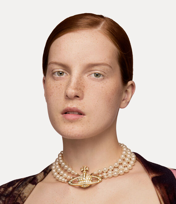 Vivienne Westwood Three Row Pearl Bas Relief Choker Gold/Pearl/Crystal | 652903WFL