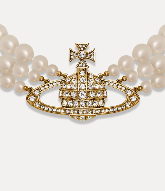 Vivienne Westwood Three Row Pearl Bas Relief Choker Gold/Pearl/Crystal | 652903WFL