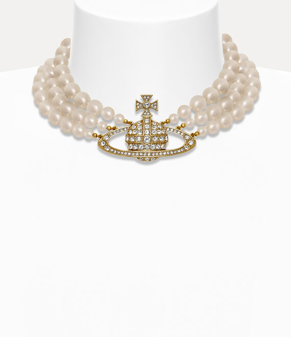 Vivienne Westwood Three Row Pearl Bas Relief Choker Gold/Pearl/Crystal | 652903WFL